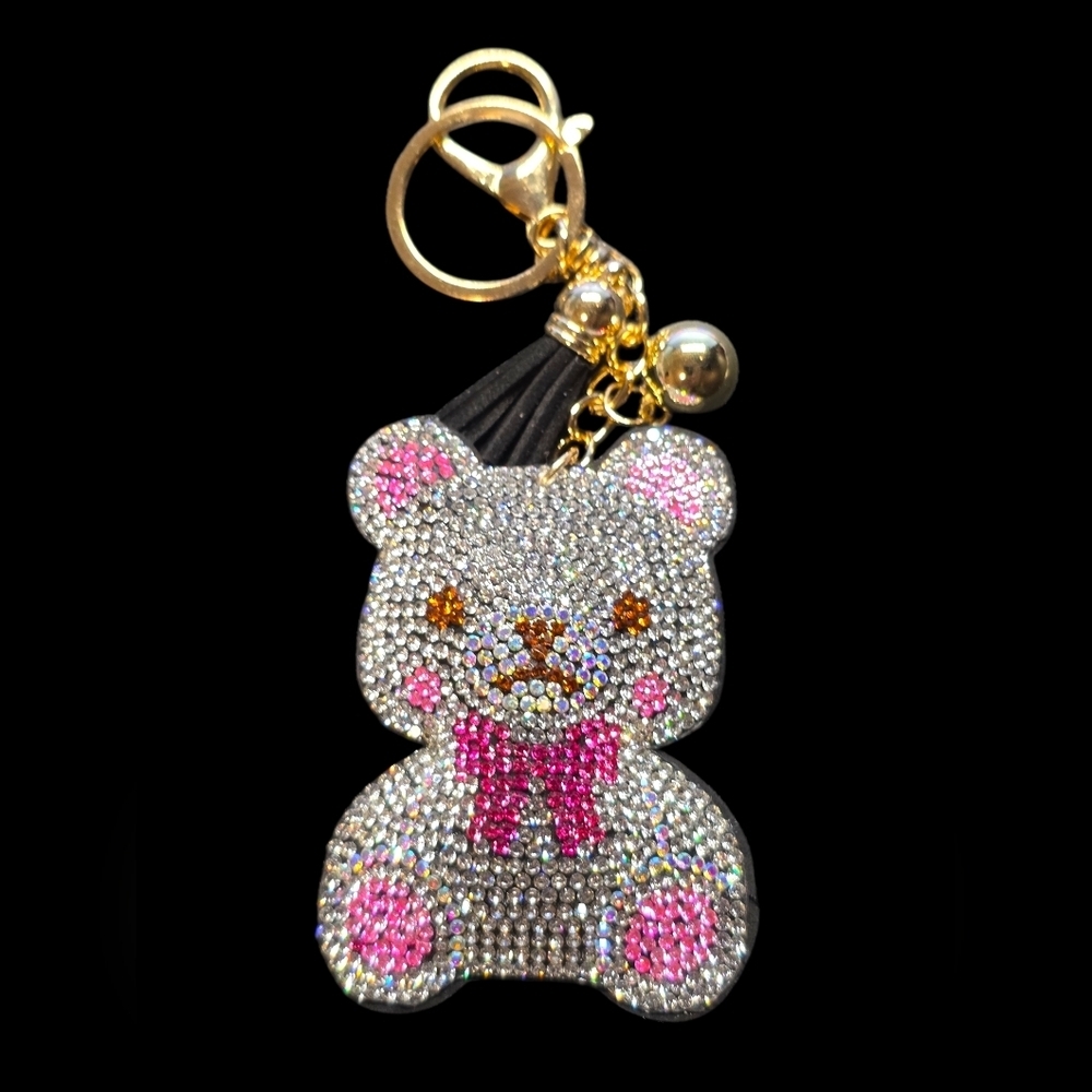 Sparkling Bear Bag Charm Keychain with Pink Bow